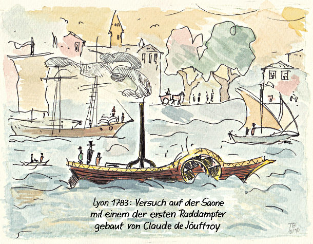 Lyon 1783: Versuch mit einem der ersten Dampfschiffe