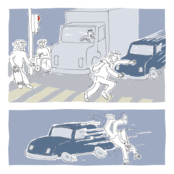 Die Ampel für die Autos ist auf Rot. Lucas geht über die Strasse. Hinter dem LKW kommt auf einmal eine Auto angeschossen. Lucas kann sich nur mit einem Sprung retten.