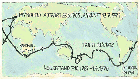 die Reise führte über Rio, Kap Hoorn, Tahiti, Neuseeland, Australien, Kapstadt zürück nach Plymouth